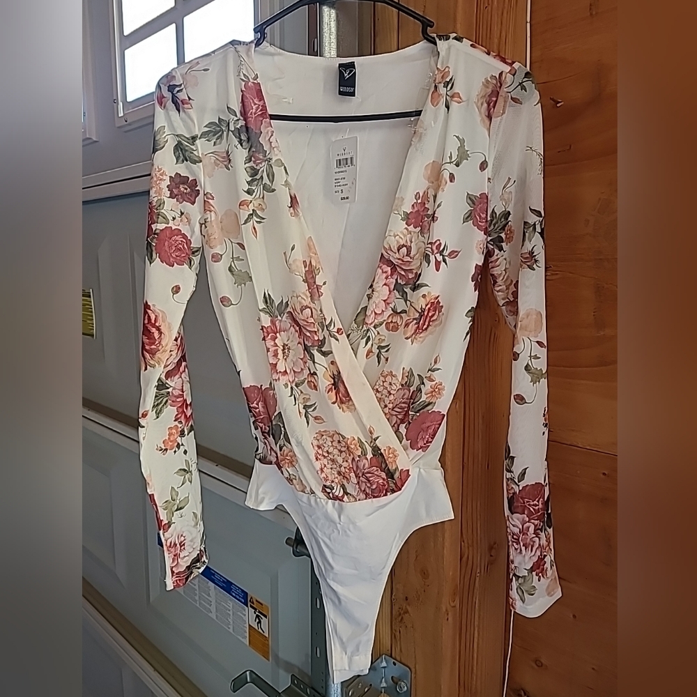 Natural Bloom Mesh Floral Surplice Bodysuit